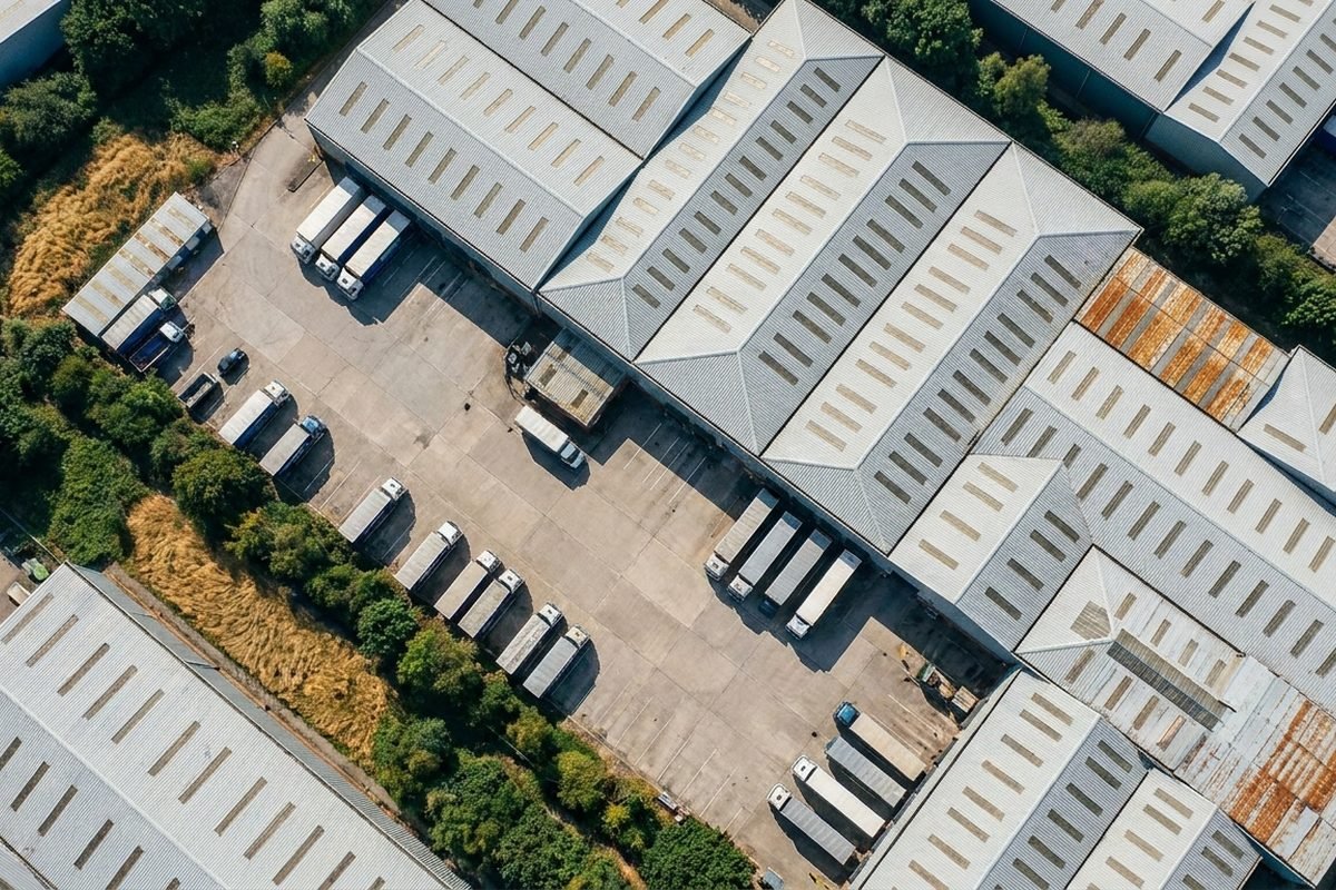 Warehouse roofs and loading bays, seen from high above in daylight