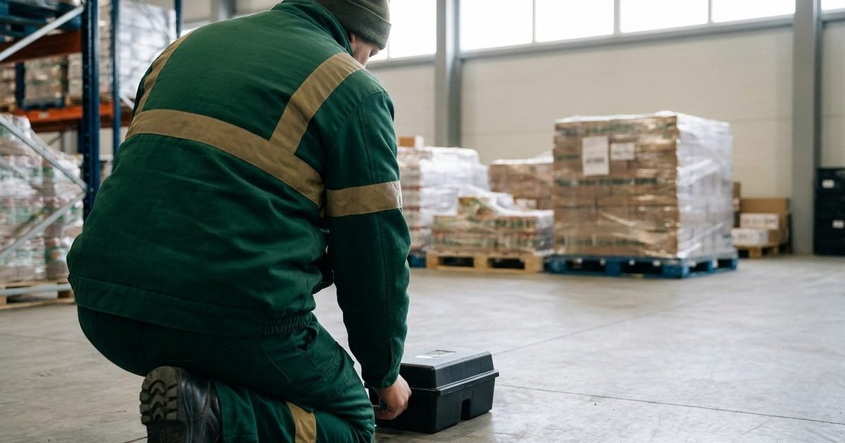 A technician, seen from behind, working beside a bait box in a food warehouse in daylight