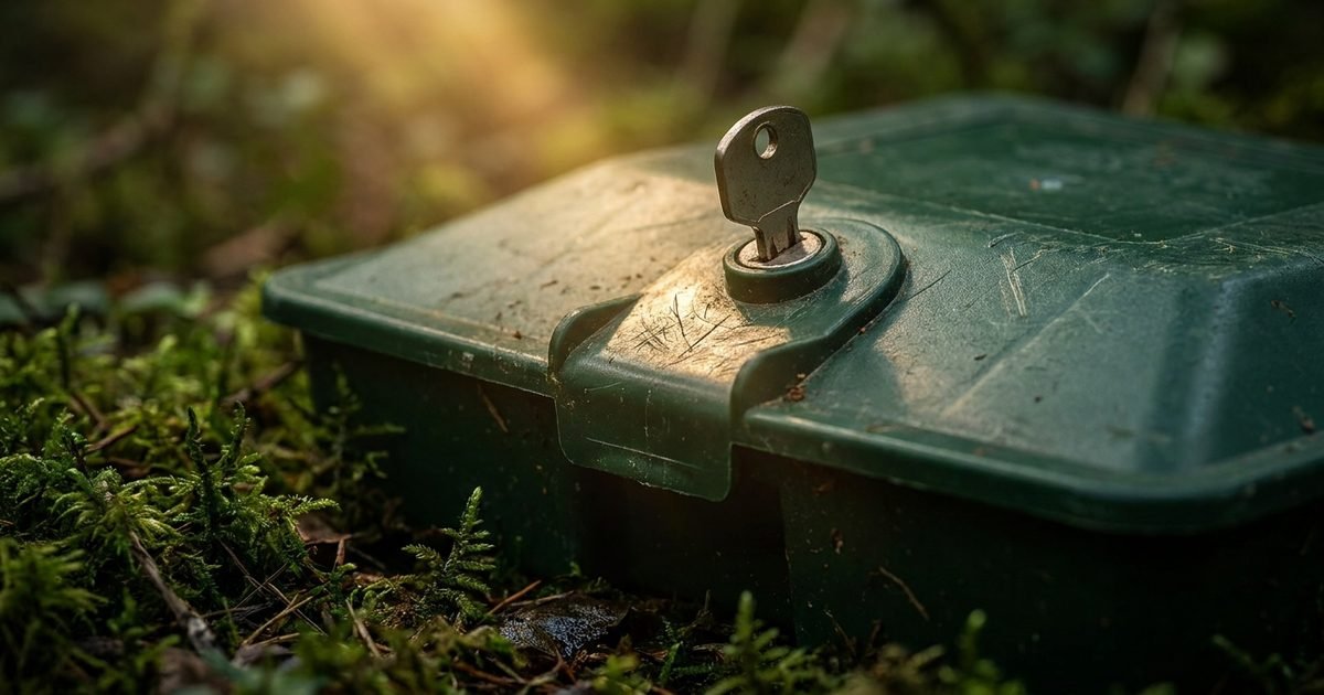 Close detail of the locked lid and key of a tamper-resistant bait station, with one warm light on it