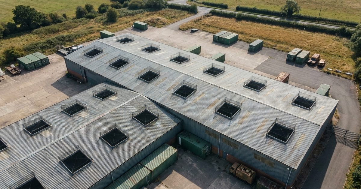 A warehouse roof with bird netting over its light wells, seen from high above in daylight