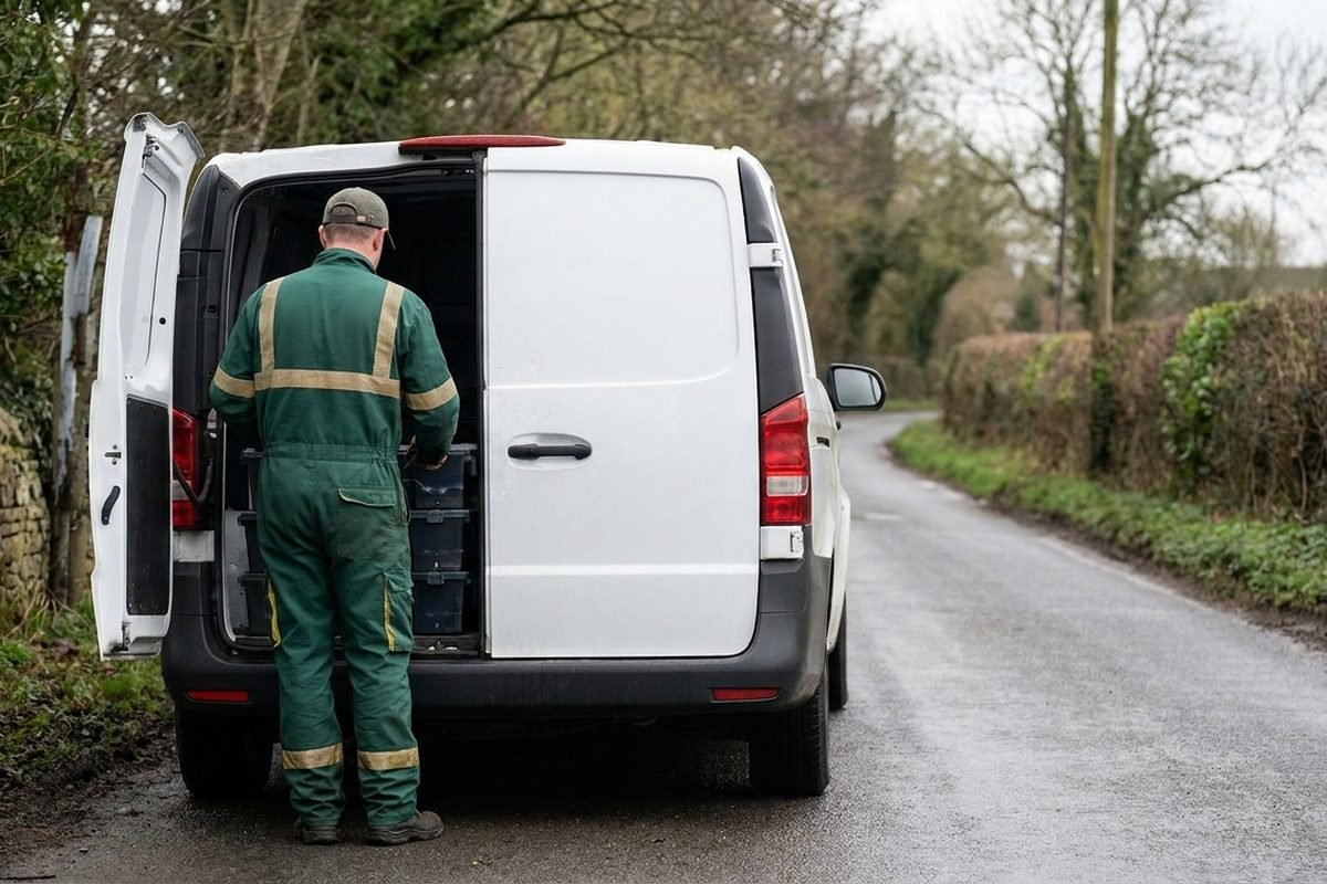 A technician, seen from behind, working beside pest control kit in a service van in daylight