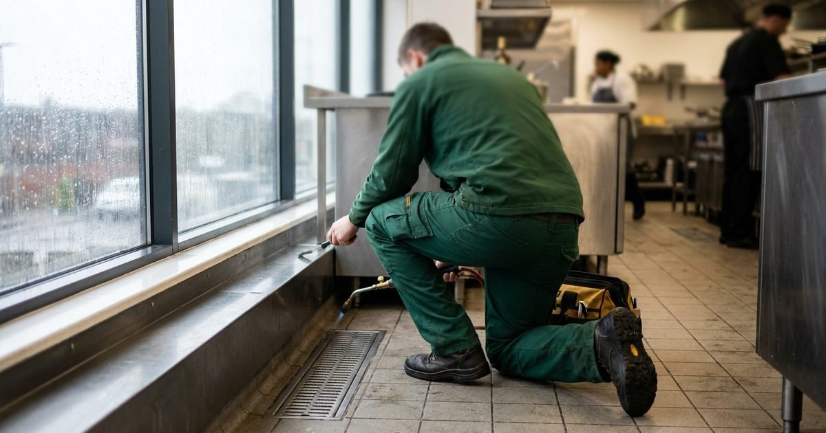 A technician, seen from behind, working beside a commercial kitchen in daylight