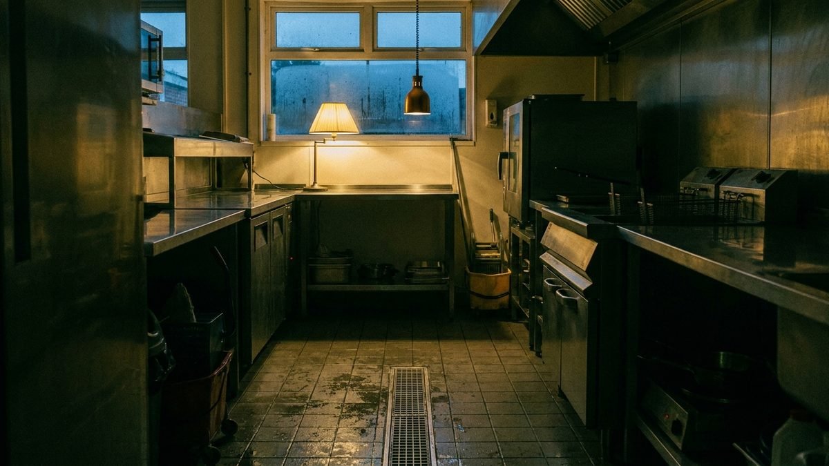 A commercial kitchen at closing time, with steel surfaces and floor drains at night under a dark sky