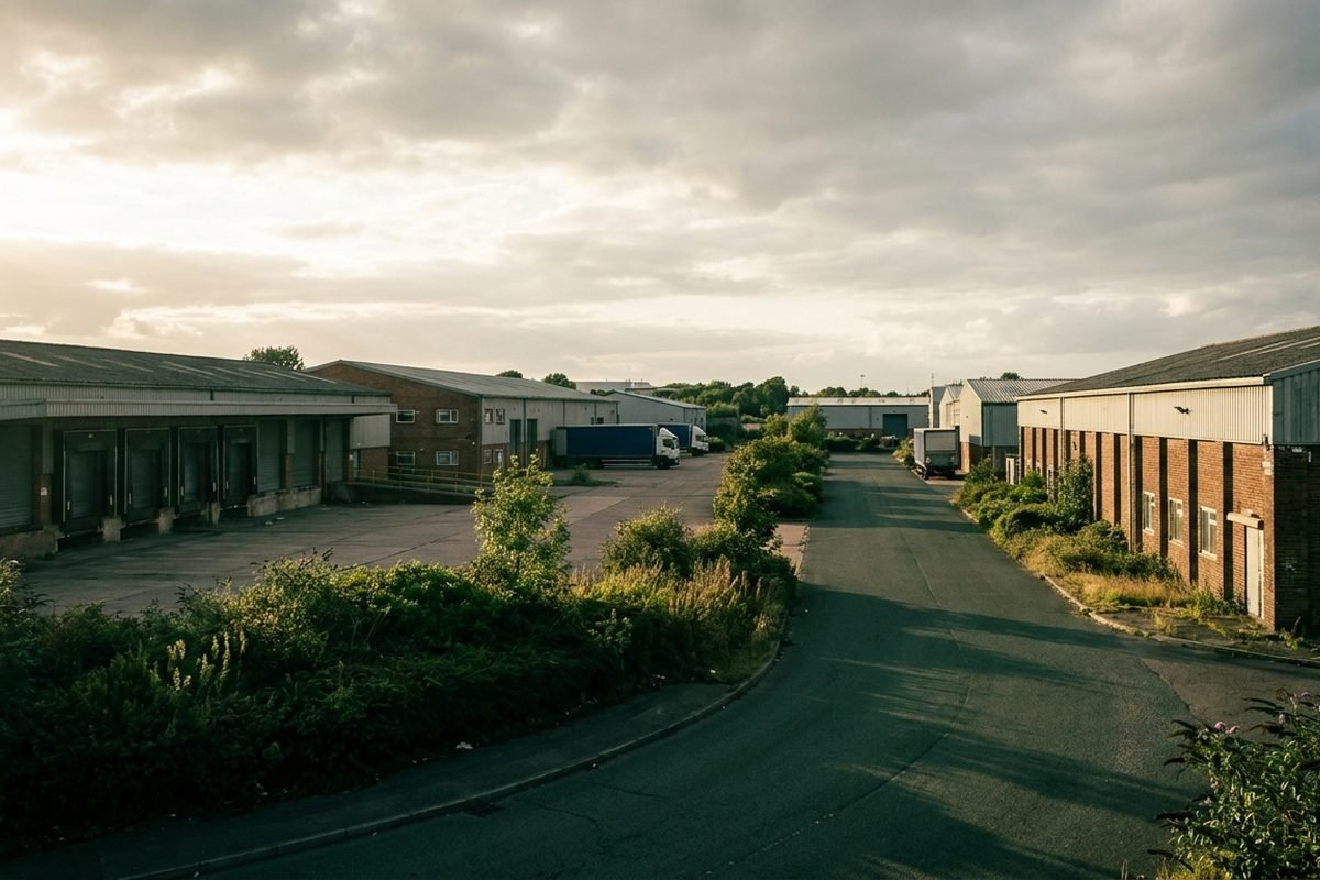 A wide view of a British industrial estate with warehouses and loading bays in warm light