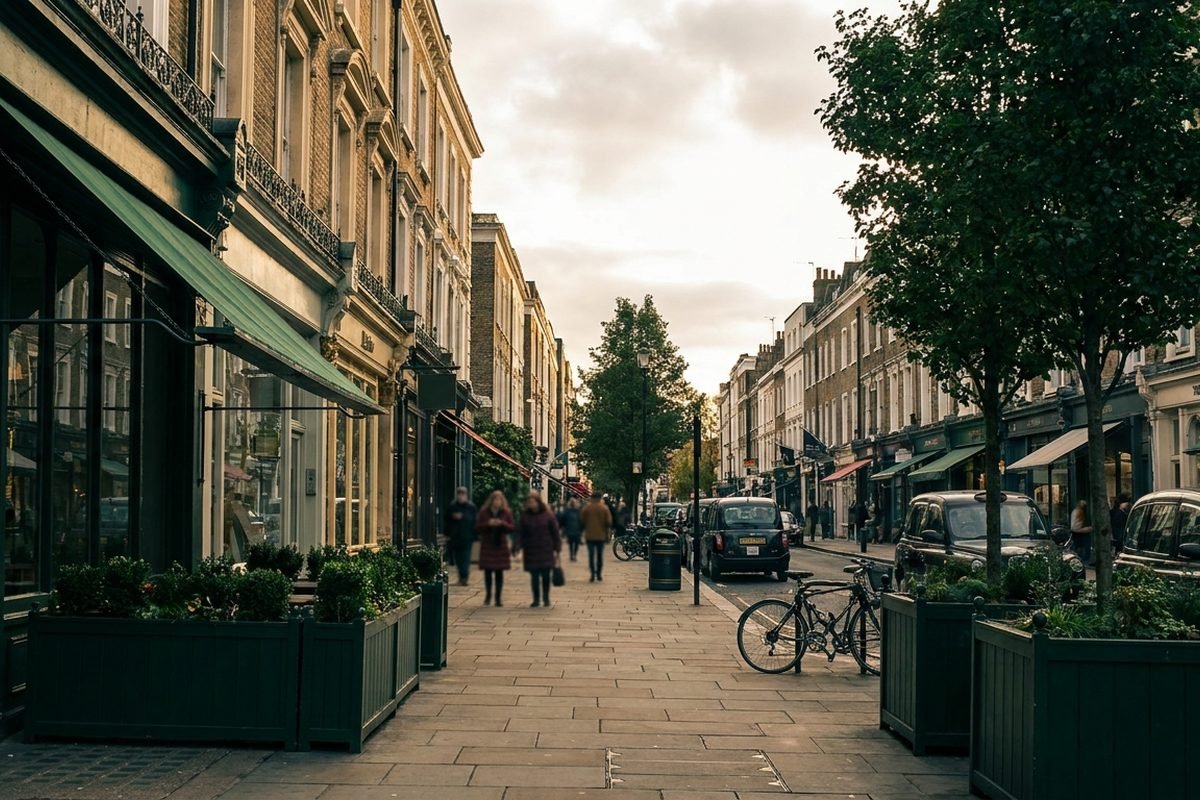 A wide view of a parade of restaurants and shops on a British high street in warm light