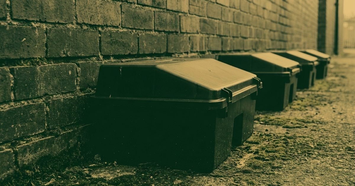 A row of black tamper-resistant bait stations along a warehouse wall in a green and gold duotone