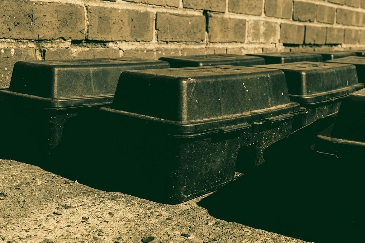 Small black rodent bait boxes at the foot of a warehouse wall in a green and gold duotone