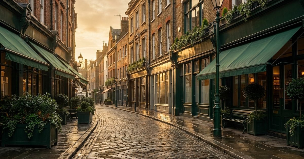 A wide view of a parade of restaurants and shops on a British high street in warm light