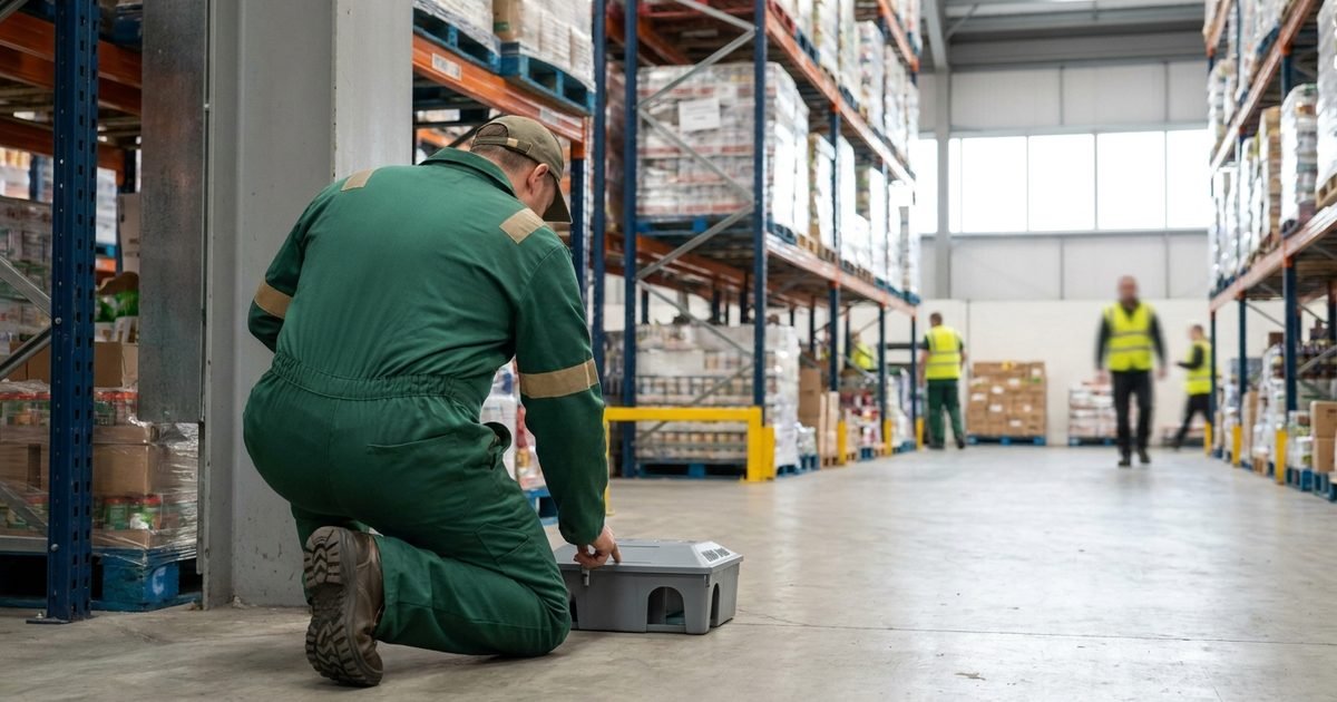 A technician, seen from behind, working beside tamper-resistant bait stations in daylight