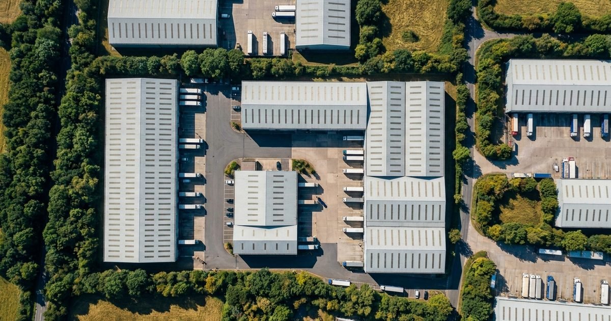 A food distribution yard and warehouse roofs, seen from high above in daylight