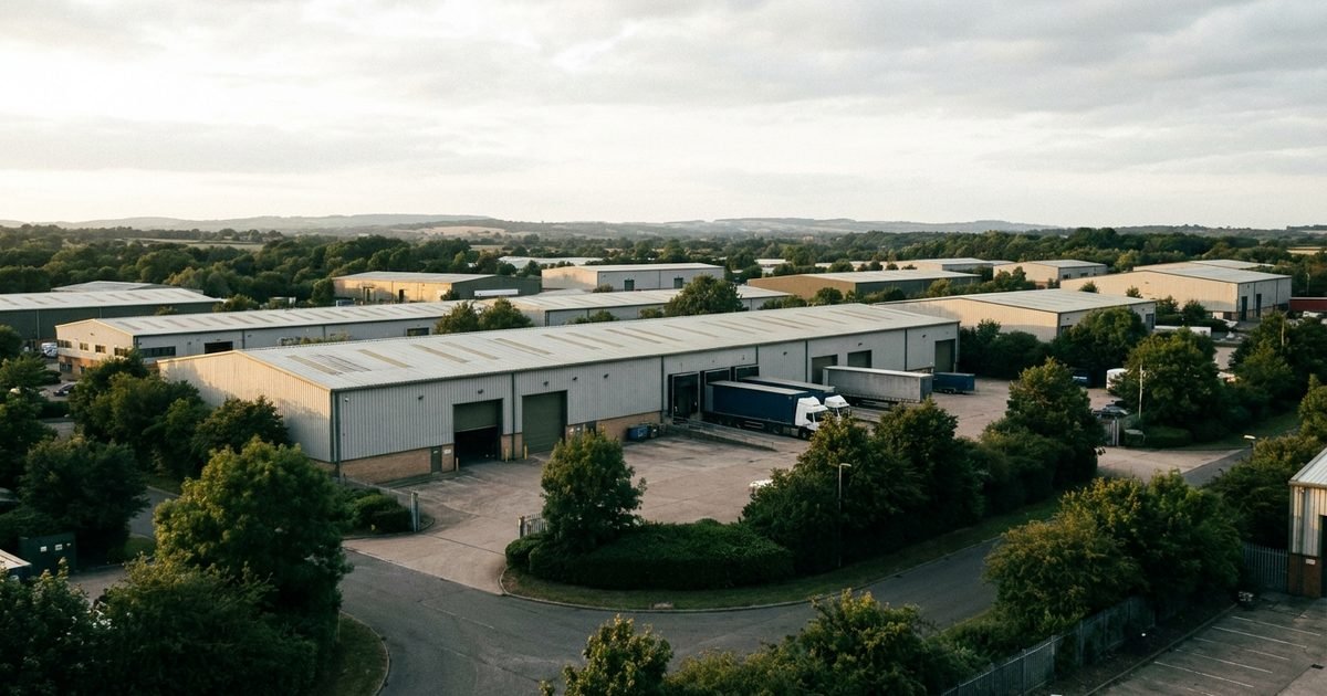 A wide view of a British industrial estate with warehouses and loading bays in warm light