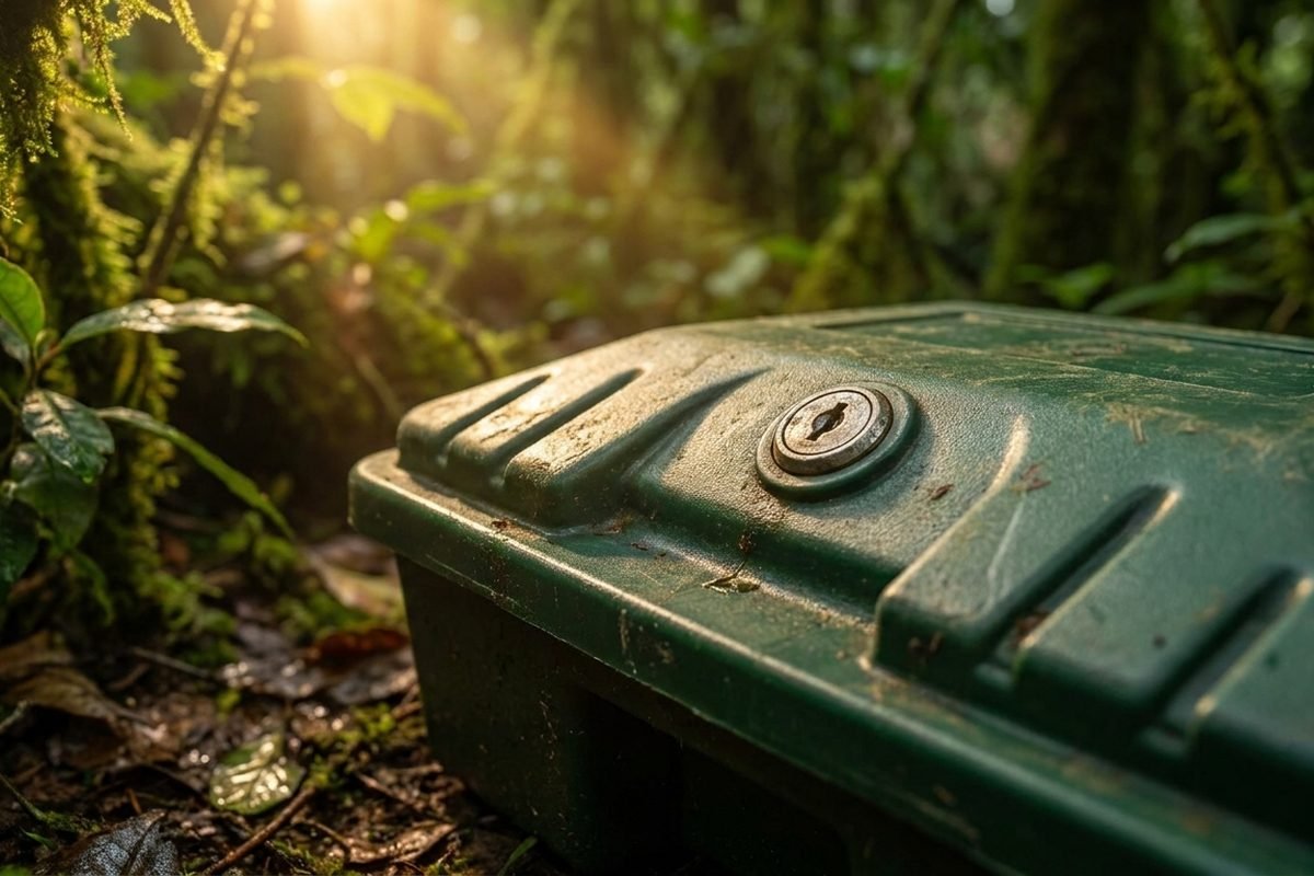 Close detail of the lid and keyhole of a tamper-resistant bait station, with one warm light on it