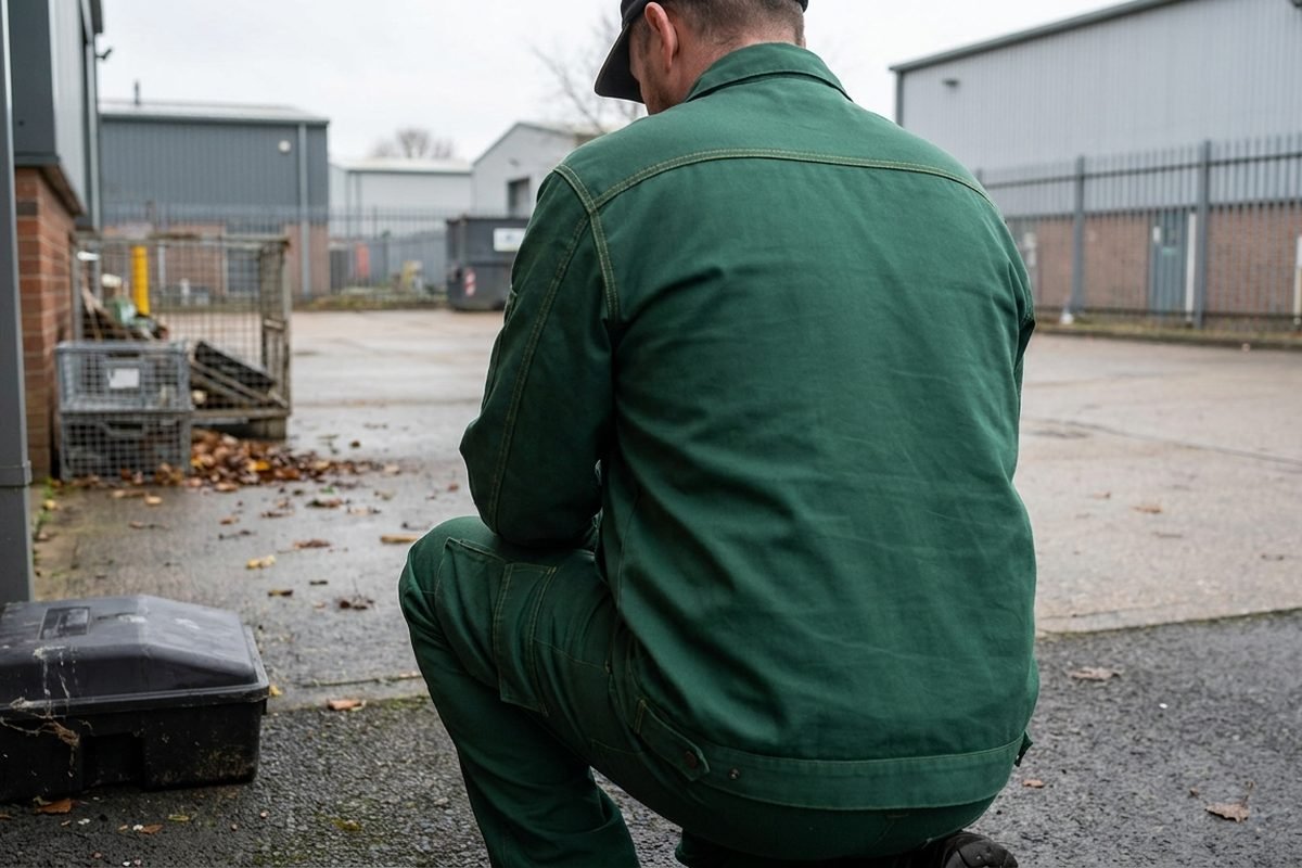 A technician, seen from behind, working beside a bait box in a service yard in daylight
