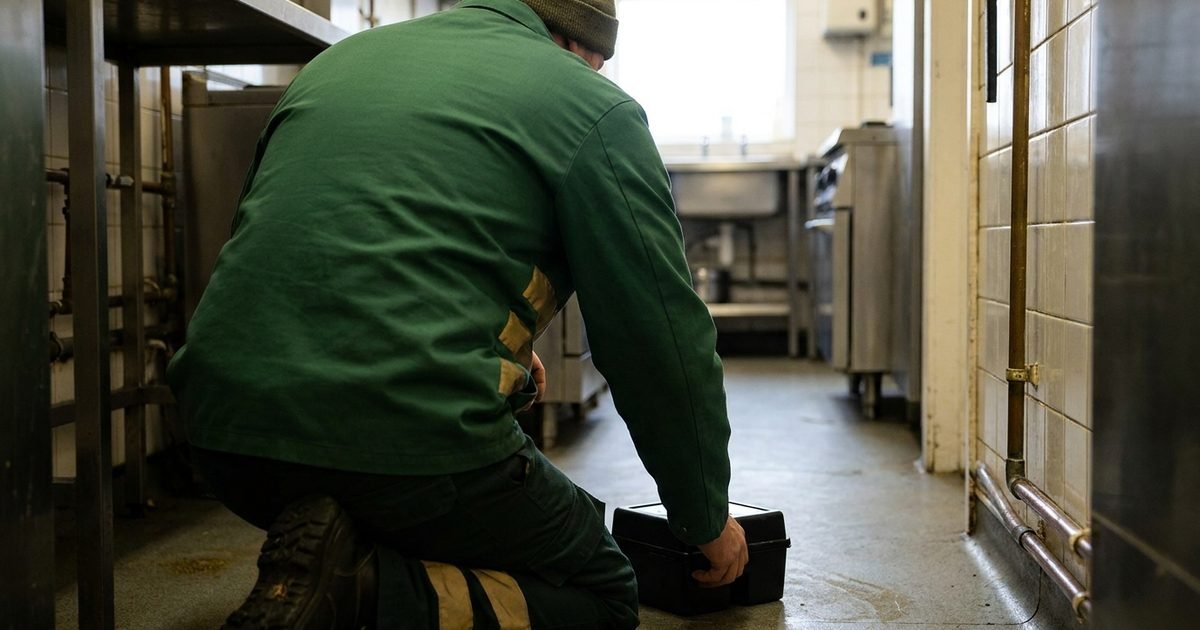 A technician, seen from behind, working beside a bait box in a kitchen corridor in daylight