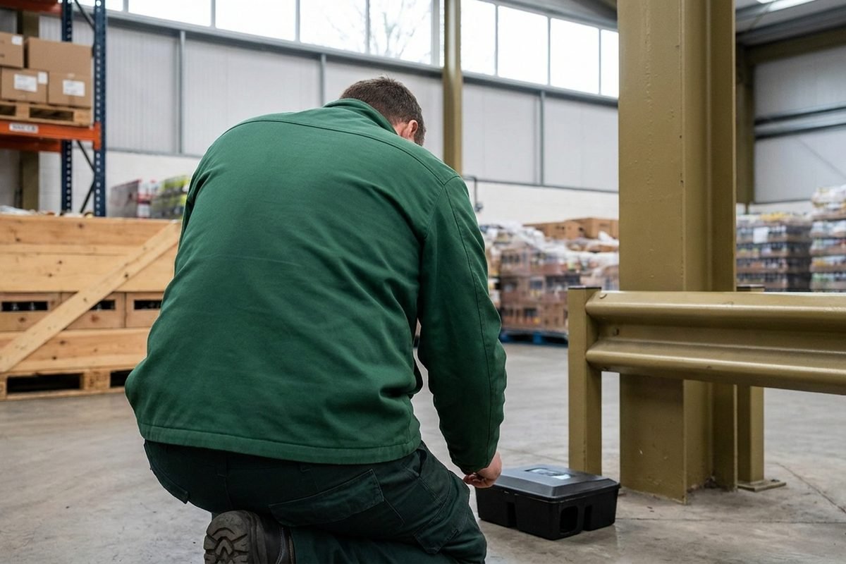 A technician, seen from behind, working beside a bait box in a drinks warehouse in daylight