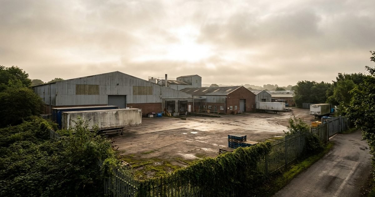A wide view of a British food production unit and its yard at the start of the day in warm light