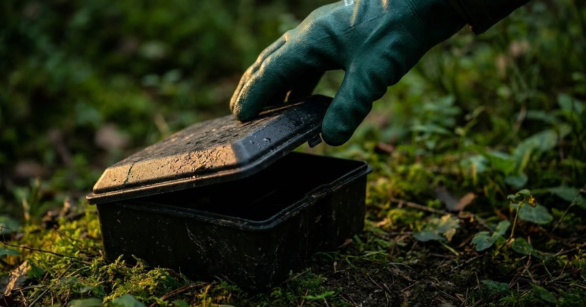 Close detail of a gloved hand lifting the lid of a bait box, with one warm light on it