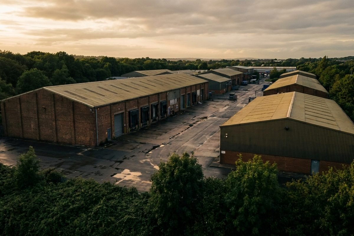 A wide view of a British industrial estate with warehouses and loading bays in warm light