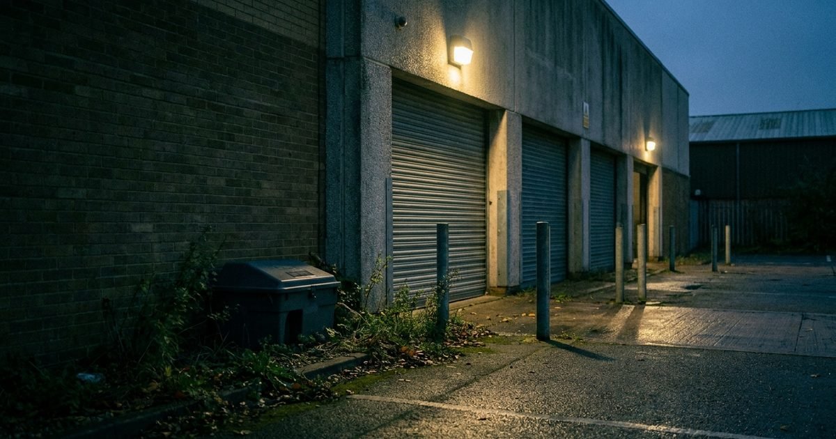 A tamper-resistant bait station beside the loading bay of a commercial building at night under a dark sky