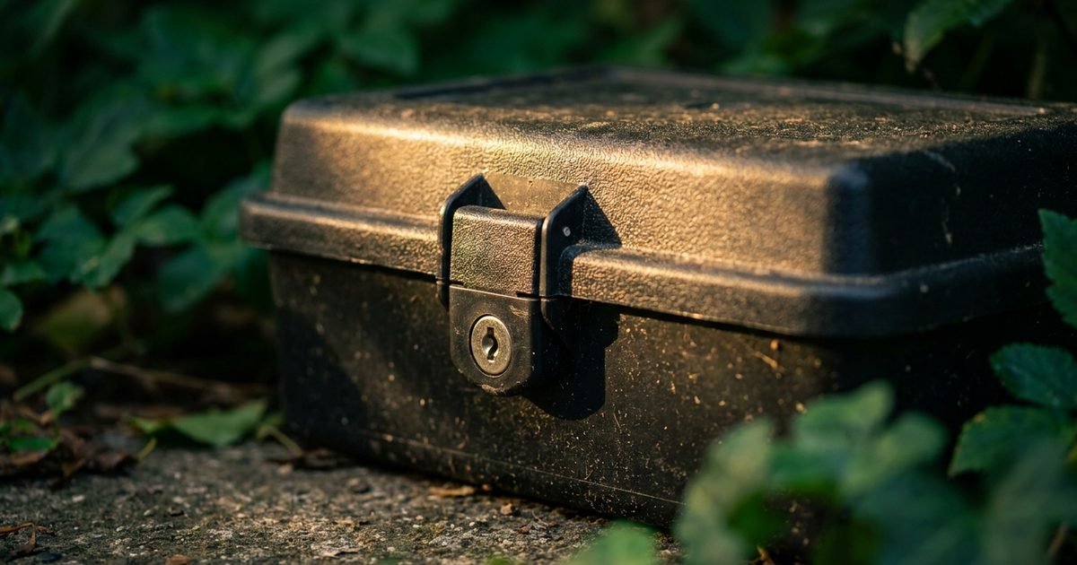 Close detail of the lid and keyhole of a bait box, with one warm light on it
