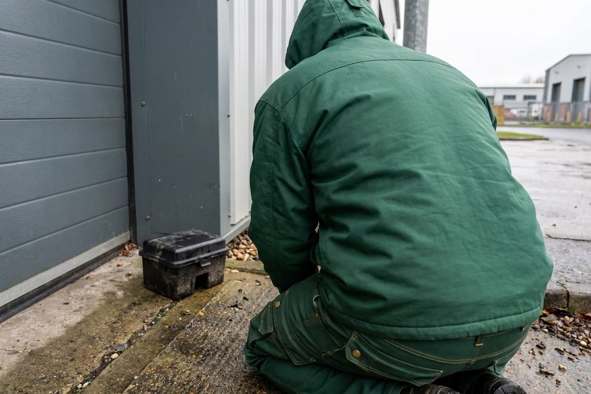 A technician, seen from behind, working beside a bait box at a loading bay in daylight