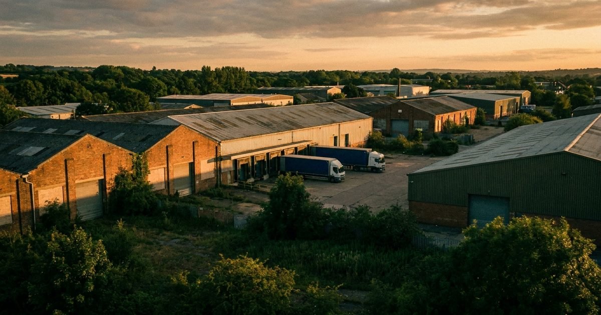 A wide view of a British industrial estate with warehouses and loading bays in warm light