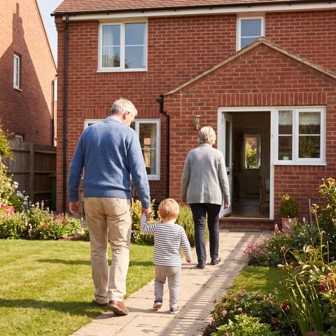 An older man, seen from behind, walks a small grandchild by the hand along a sunny garden path towards the open back door of a brick family home, a grey-haired woman a step ahead.
